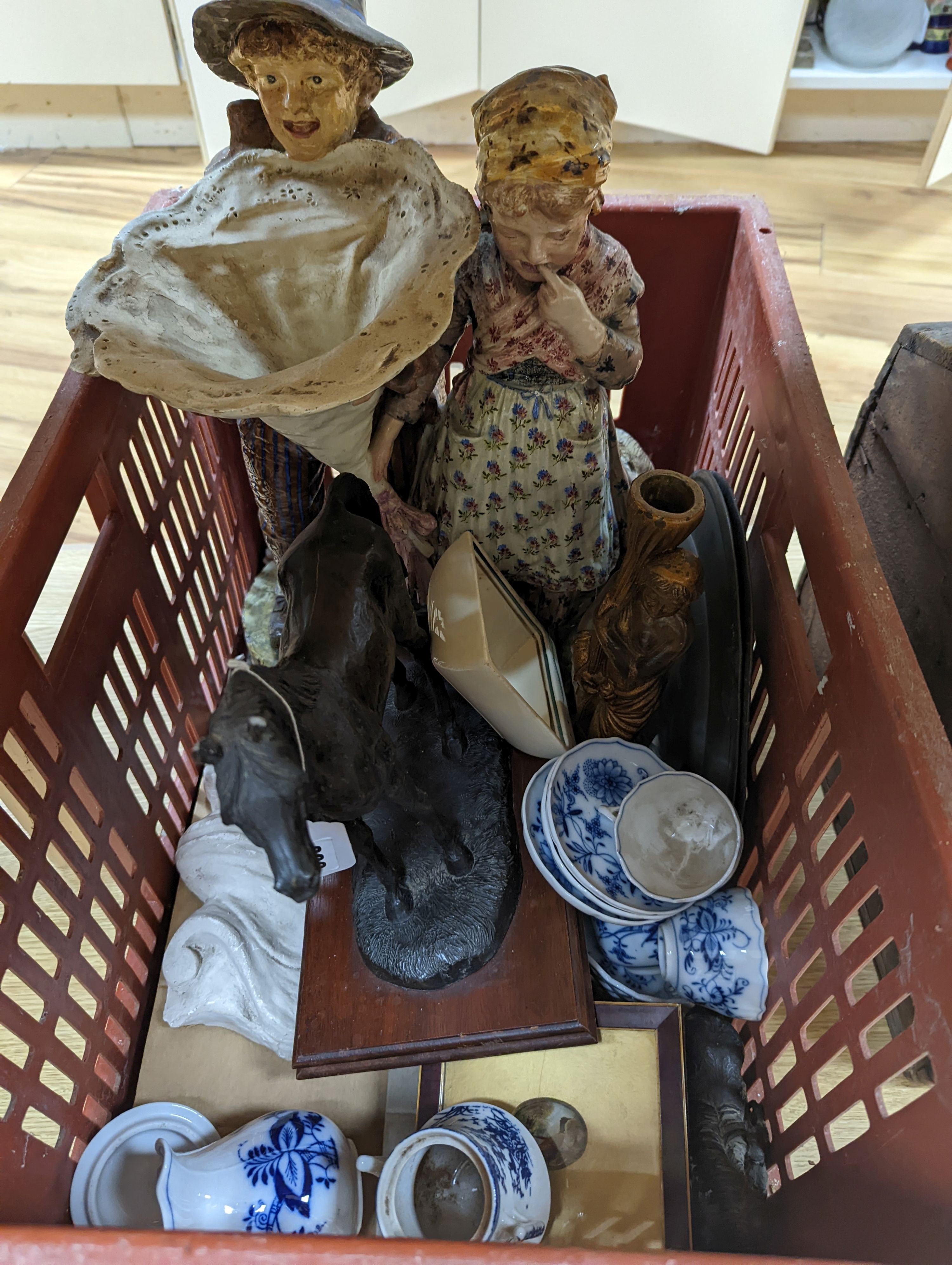 A large continental pottery group, a Gien vase, A group of mice in style onion pattern tea wears, a Bronze effect horse pottery etc